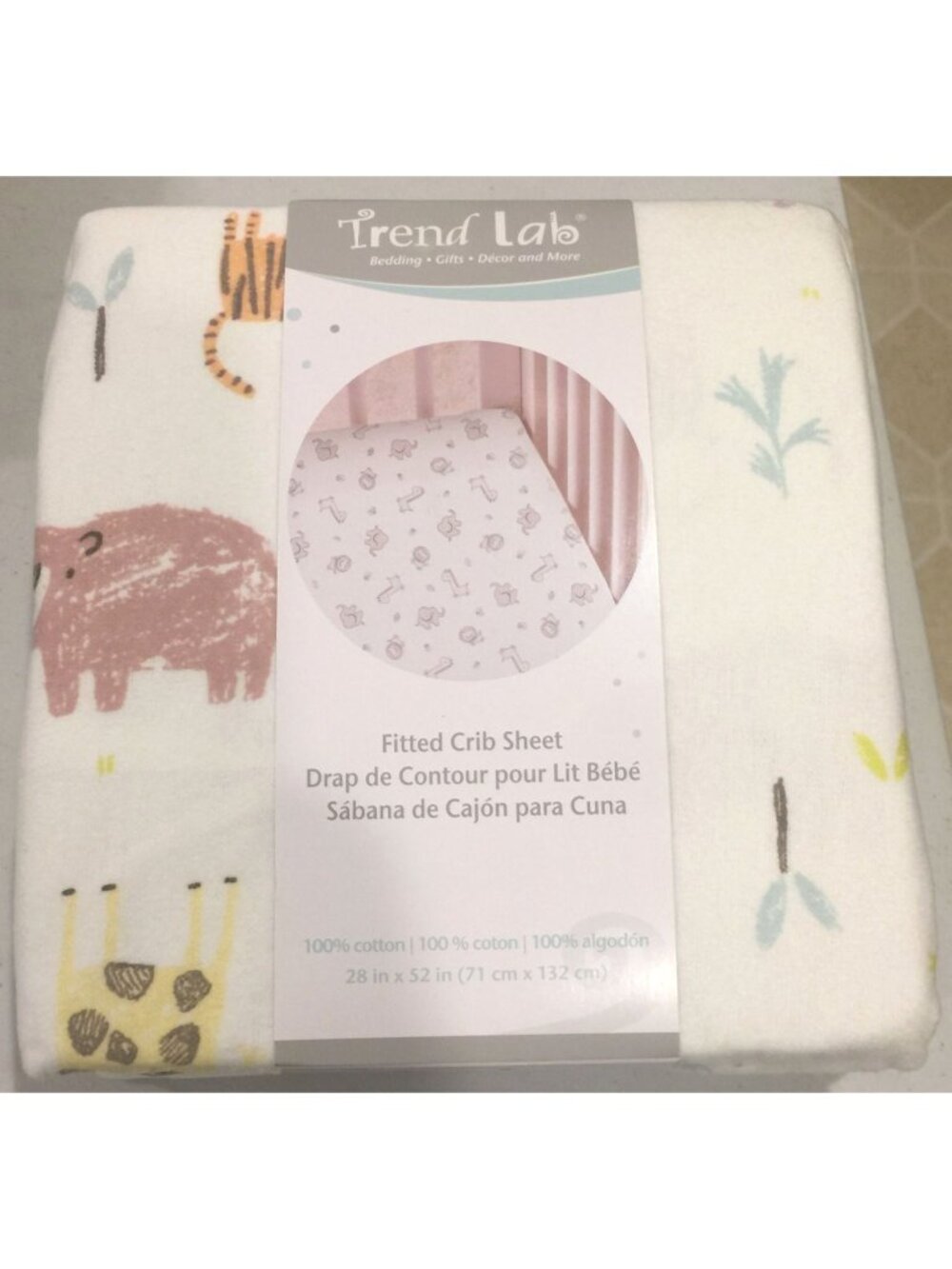 Trend Lab Fitted Crib Sheet Flannel Like Zoo Animals White Gray Blue 100% Cotton